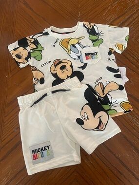 Disney White Mickey & Donald Short Sleeve  Set with Multicolor Logo Patch